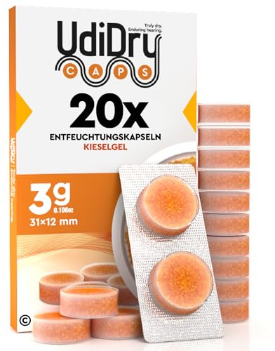 20 Capsule Deumidificanti per Apparecchi Acustici UdiDry Caps 3g 31mm con Gel di Silice di Alta Qualità - Capsule Essiccanti Anti Umidità con Indicatore di Colore per Asciugatura Protesi Acustiche