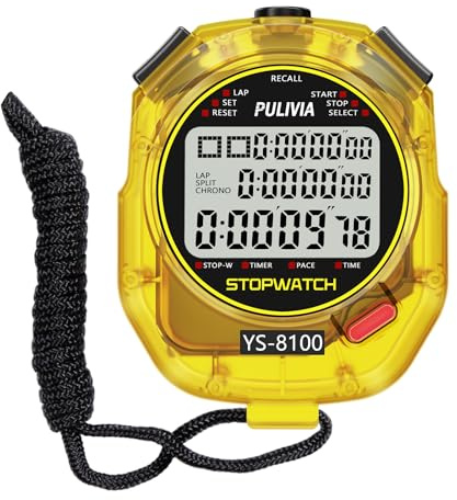 PULIVIA Stopwatch Sports Minuterie 100 Laps/Splits Digital Stop Watch avec Compte à Rebours et Minuterie D'alarme Calendrier Grand écran pour Entraîneurs, Course à Pied, Entraînement Sportif, Jaune