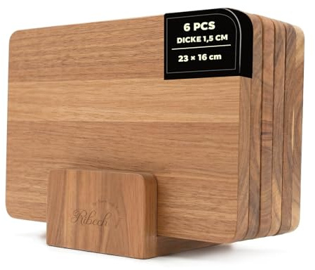 Ribech Juego de tablas de desayuno de madera de acacia de 6 piezas con soporte | Pequeñas tablas de desayuno de madera