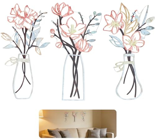 Mythlon 3 Piezas Decoración de Pared de Flores Acrílico (No Metal) - Arte Mural Minimalista 3D Autoadhesivo Sin Taladrar - 20x11cm Adornos Modernos para Baño, Puertas, Armarios y Salón