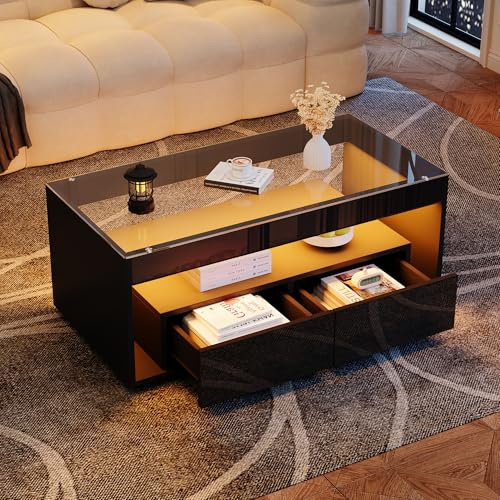 Tavolino da Caffè in Truciolare e Vetro, Tavolo Moderno con LED a 16 Colori, 2 Cassetti Grandi, Design Doppio Strato, Tavolo Rettangolare Alto Lucido, Adatto per Soggiorno, Salotto, Nero, 110x50x40cm