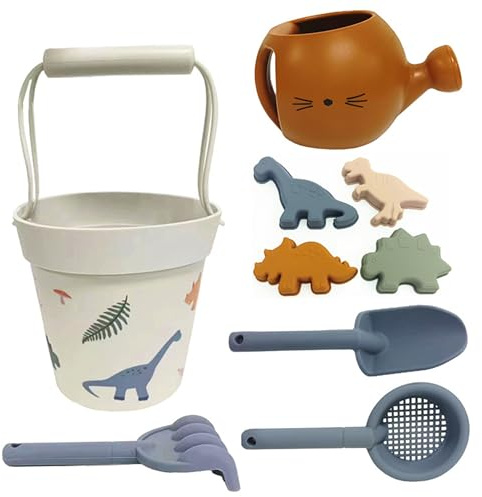 Sjfbebsy Giocattoli di Sabbia in Silicone, Set di Giocattoli da Spiaggia di Dinosauri da 9 Pezzi per Bambini, da Spiaggia per Alimenti per Bambini, Kit di Gioco con Sabbia Pieghevole, Piscina e a