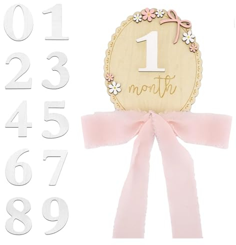 Tarjetas de Hitos del Bebé de Madera, 12 Meses Discos de Hitos para Fotos de Recién Nacido con Flores 3D y Cinta Rosa, Decoración Fotográfica Regalo para Baby Shower