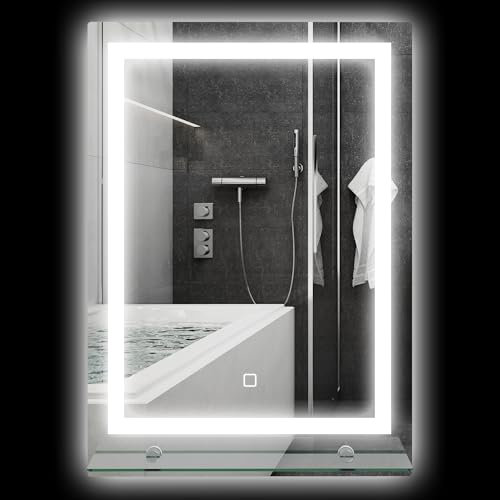 kleankin Miroir rectangulaire lumineux LED miroir mural de salle de bain avec étagère intégrée 3 couleurs luminosité réglable interrupteur tactile dim. 50L x 12l x 70H cm argent