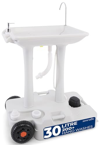 SereneLife Portable Camping Sink with 30L (7+ Gallon) Built-In Water Tank, Large Wheels, Hands-Free Foot Pump, Extra-Large Basin, and 5L Soap Dispenser – Ideal for Outdoors, Camping, and Worksites