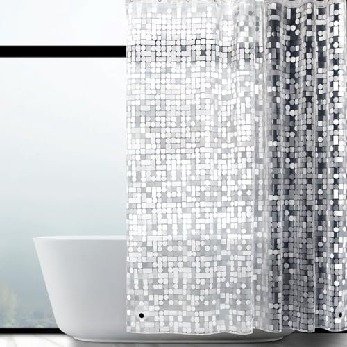 WELTRXE Shower Curtain Mould Proof Resistant, Waterproof Shower Curtains Liner, Heavy Duty EVA Bathtub Curtain with Magnets and Hooks, Weighted Hem, Anti Mildew, Geometric,183 x 183cm