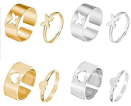 4 Paires Anneaux de Couple Assortis, Bagues Papillon, Bague Coeur, Bague D'amitié, Bague Ouverte Réglable, Alliage de Zinc, pour Anniversaire de Mariage, Saint Valentin, Anniversaire (Argent, Doré)