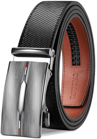 TANGCHAO Cinturón Hombre Cuero, Cinturon con Hebilla Automática Cinturones de Trinquete 35mm de Ancho Tamaño Ajustable para Pantalones Formales Vestir Traje Fibra de Carbono Negro 23-TQWHEI-115