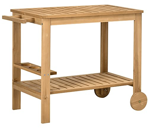 Outsunny Desserte de Jardin Chariot pour plancha Barbecue en Bois avec poignée 2 Plateaux et Porte-Bouteilles 95 x 47 x 74 cm