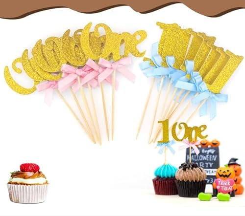 Fyihoxi 22 Pcs One Cake Topper,Décoration de gâteau d'anniversaire,Glitter 1er Anniversaire Cupcake Décorations,Cake Topper One Birthday pour Anniversaire,Anniversaire,Décorations De Fête D'enfants