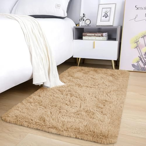 AMEHA Tapis à poils longs doux et antidérapant pour couloir, chambre à coucher, entrée - Beige - 60 x 110 cm