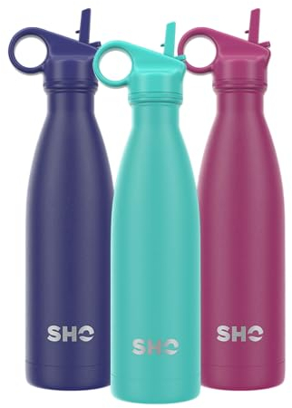 SHO Stainless Steel Water Bottle with Straw and Screw Lid - Leakproof, BPA Free, No Sweat, Vacuum Insulated Double Walled Metal Flask, 500ml - Original 2.0-12 Hours Hot 24 Hours Cold (500ml, Aqua)