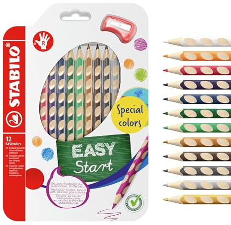 STABILO - Ergonomischer dicker Buntstift für Rechtshänder - EASYcolors - 12er Pack mit Spitzer - 12 Spezialfarben