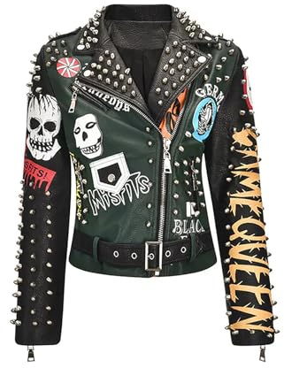Rock88 Lederjacke Frühling Herbst Schädel Muster Kurzmantel Frauen Niet Slim Streetwear Motorrad Outwear Winddicht Reißverschluss Gürtel Tops,Black,XL(Bust:98cm)