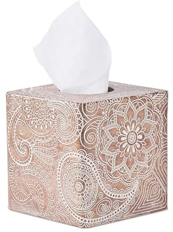 Vintage Wood Carved Square Tissue Box Cover Decorative,Napkin Dispenser,Facial Paper Holder for Bathroom Vanity Countertop,Bedroom Dresser,Night Stand, Desk, Office and End Table,Boho Flowers