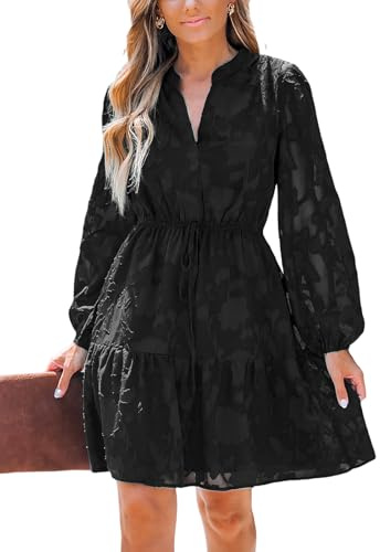 CUPSHE Robes Femmes en Dentelle à Volants Mini d'Automne, Robes de Mariage Semi-Formelles pour Invitées, Col en V, Manches Longues à Puff, Ceinture Élastique, noir, Taille XL