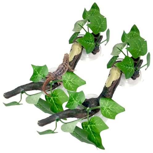 PINVNBY 2 PCS Reptile Corner Branch, Resin Climb Tree Branch Decor with Leaves Tank Accessories Terrarium Plant Ornament with Suction Cup for Snake Lizard Bearded Dragons Gecko Climbing