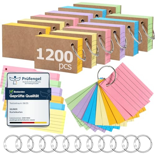 Siumir 1 200 st flashkort, dubbelsidigt tryck, A8 revisionskort med kraftskydd och lösa bladring, sexfärgade linjerade indexkort papper för kontor och hem och skola (7,4 x 5 cm)