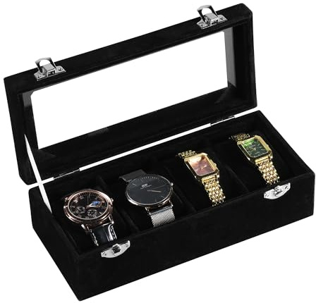Frebeauty 4 Slot Watch Box for Men/Women,Watch Case with Glass Lid | Soft Velvet Material,Watch Organiser With Pillow,Watch Storage,Watch Holder,Dustproof Design,With Metal Clasp,Lockable