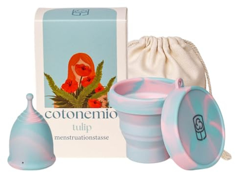 Cotonemio Tulip – S Coppetta Mestruale in 100% Silicone Medico con Sterilizzatore e Sacchetto in Cotone | Kit Coppetta Riutilizzabile, Senza BPA, Fino a 12 Ore di Protezione