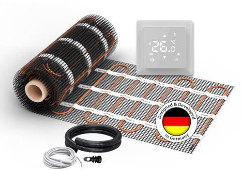 Chauffage au sol électrique pour carrelage : tapis chauffant à deux fils WARMON Ultra 200 W/m² avec thermostat TS 100 Series, Thermostat : TS100 Non WiFi Blanc, Taille du tapis : 6 m²