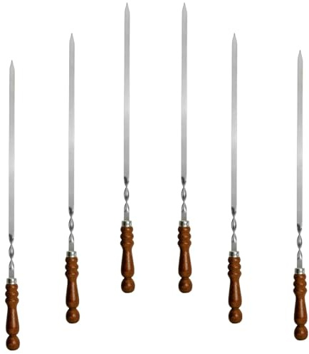 6 st. Set BBQ Edelstahlspieß mit Holzgriff 70 cm lang 1,2cm breit 3mm Stark Grillspieße Schaschlikspieße Barbecuespieß Extra Stark Edelstahl Schampura für Fleisch, Gemüse, Pilze, Kebab Rouladenspieße