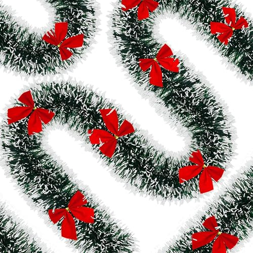 50Ft Christmas Garland with 40 Red Bows, Christmas Tinsel Garlands with Frost Tip Christmas Metallic Twist Garland Xmas Tree Decorations for Holiday Party Supplies