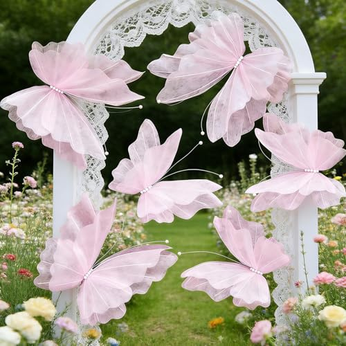 Sunbeauty - Confezione da 6 grandi farfalle decorative 3D in carta rosa per festa in giardino, decorazione per compleanno dei bambini, decorazione per la tavola, decorazione per interni primaverili
