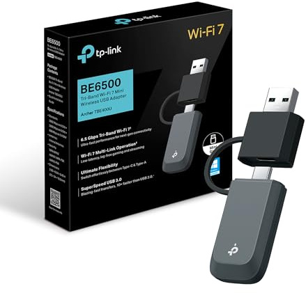TP-Link Archer TBE400U WiFi 7 Tri-Band BE6500Mbps, Adattatore USB Nano Scheda di Rete, 6GHz, MLO, Plug & Play, Flessibilità USB Type-C/A, USB 3.0, WPA3, Compatibile con Windows 11/10