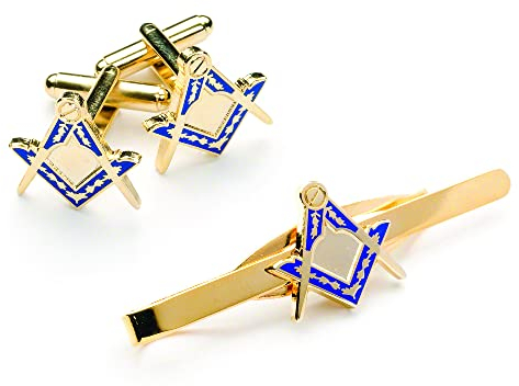 The Masonic Collection - Set gemelli e cravatte da uomo placcati in oro - Quadrato e bussola - Rivestimento blu - Scatola per gemelli/sacchetto di velluto - Un utile accessorio regalo per uomini