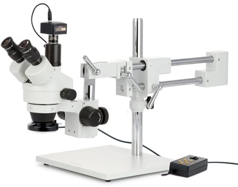 AmScope SM-4TZZ-144A-10M Trinokulares Stereomikroskop mit 4-Zonen-144-LED-Ringlicht und 10MP-Kamera, 3.5X-180X, Weiß