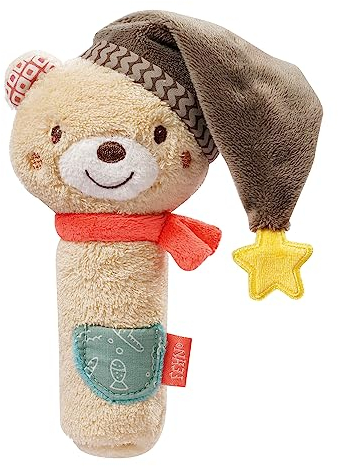 Fehn Stabgreifling Bär - Motorikspielzeug für Babys zur Förderung der Motorik und Sinne - ideales Baby Spielzeug als süßes Kuscheltier mit Rassel und Quietsche - Geschenk zur Geburt ab 0+ Monaten