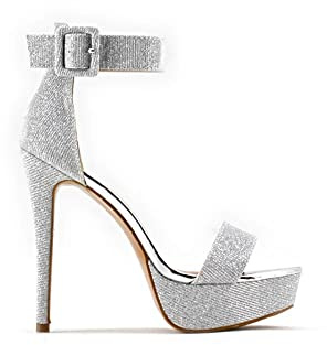 MODELISA - Sandalia Tacón Alto Con Plataforma Punta Abierta Hebilla Tobilla Brillo Mujer (Plata, numeric_38)