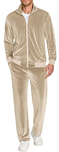 COOFANDY 2-teiliges Velours-Trainingsanzug-Set für Herren, durchgehender Reißverschluss, Jacken, Hosen, Samt, Jogginganzüge, Sweatsuit-Set, Hellkhaki, X-Large