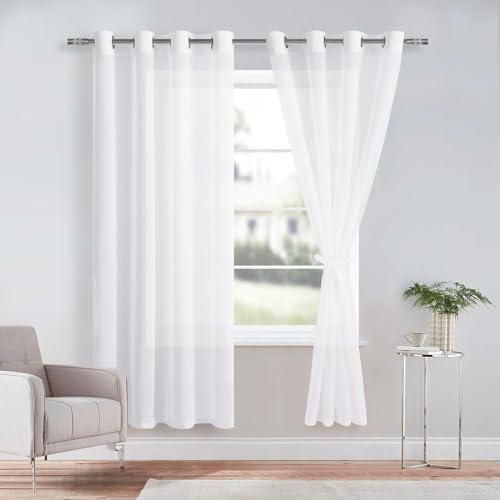 DWCN Tenda per Interni in Voile con Fermatenda per Salotto Eleganti Tende Trasparenti con Occhielli Morbidi Finestre 2 Pannelli, 140x175 CM, Bianco