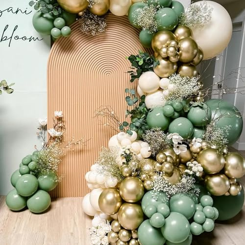 Sage Green Balloon Arch Kit, 133 Pcs Green and Gold Beige Balloon Arch Kit | 18/ 12/ 10/ 5 Inch Balloons, for Birthday, Baby Shower, Boho Wedding, Baptism, Anniversary, Party Decorations, Jungle Theme