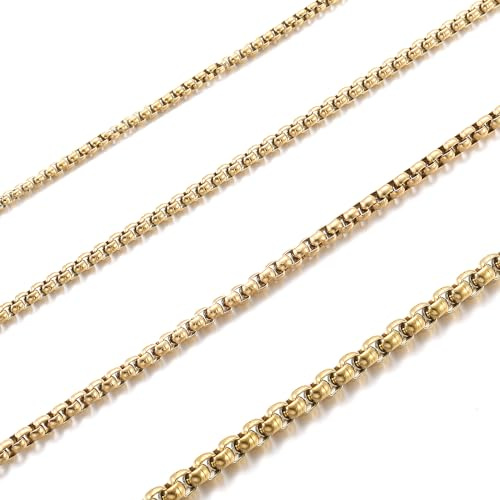 RWQIAN Collar Hombre Cadena Malla 60cm Acero Inoxidable Dorado Caja Mujer Venecia 3mm Ancho