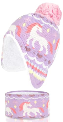 QKURT Girls Hat and Scarf Set, Toddler Winter Warm Knitted Scarf Fleece Hat Pom Pom Beanie Cap with Ear Flap Cold Weather Sets for Kids 1-4 Years Old