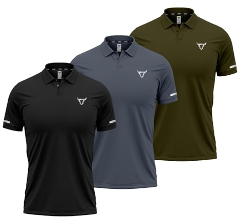 Paquete de 3 camisetas tipo polo para hombre, transpirables y ligeras, de secado rápido, cuello acanalado de 3 botones, cómoda camisa polo de manga corta, Paquete de 3 unidades, negro, gris, oliva, L
