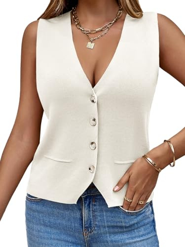 Saodimallsu Chaleco sin mangas para mujer, de punto, cuello en V, con botones, a la moda, casual, holgado, para primavera y verano