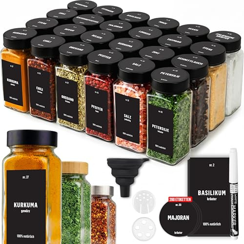Deco Haus Juego 24 Tarros Especias con Tapa Rosca - Etiquetas, Embudo, Cepillo, Marcador - Va con Nuestros Estantes para Condimentos - Almacenamiento y Dispensador Vidrio Transparente 120ml 10.5x4.5cm