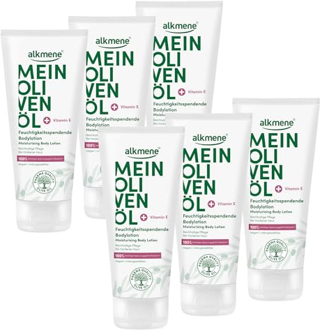 alkmene 6x Bodylotion trockene Haut 200 ml - 100% bestätigen Spannungsgefühl Reduktion - Body Lotion Damen & Herren mit Olivenöl - Feuchtigkeitslotion vegan - Körperlotion für sehr trockene Haut