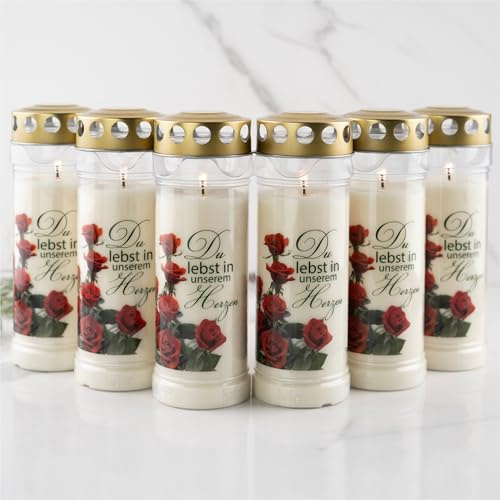 Uppsättning av 6 gårdsgrabljus 7 dagars brinntid – originalet [rose] regnfast | ljus med lock | gravljus, kyrkogård ljus med motiv | ljus för gravdekoration
