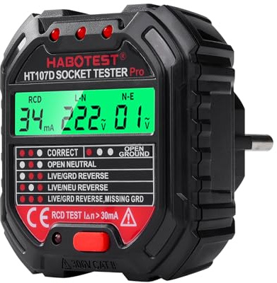 Buyweek Steckdosentester mit RCD-Prüfung Spannungsprüfer mit LCD-Display FI Tester 6 Arten von Fehlerdiagnose, Leckspannungs und Frequenzanzeige, 90-250V/45-65Hz, CAT II 300V