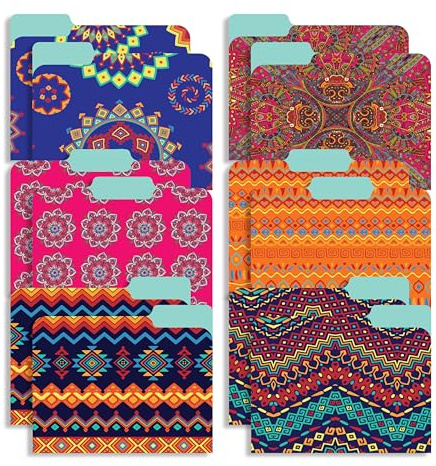 Decorative File Folders 1/3 Cut Tab, 12 Pack Ethnic Design, Heavyweight Laminated Letter Size (9.5” x 11.5”), Stylish Fashion File Folders for Home, Office & School Organization.