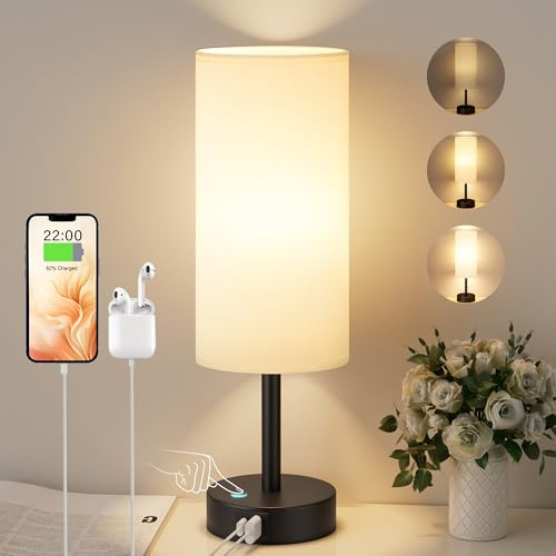Aooshine White Bedside Lamps, Touch Lamp with Black Metal Base(Bulb Included)