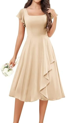 KURFACE Champagne Short Bridesmaid Dressses for Women with Sleeves Chiffon Formal Evening Dress Summer Maid of Honor UK14