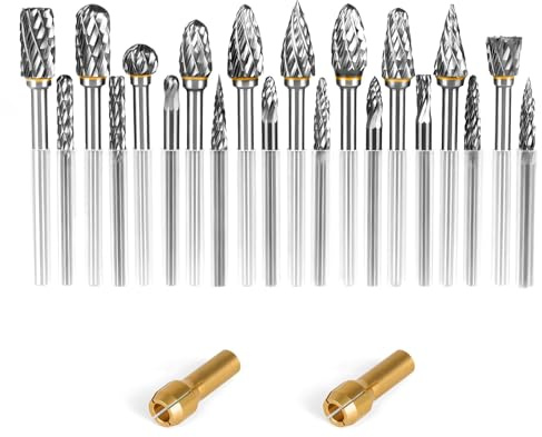 20Pcs Carbide Burr Set 1/8 IN Shank, Die Grinder Bits Compatible with Dremel Metal Grinding Bits fits for Rotary Drill for Wood Stone Steel Cutting Engraving with 2 Collets