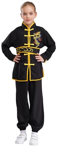 Linjinx Kinder Jungen Mädchen Kampfkunst Anzug Langarm Tops mit Hosen Chinesische Traditionelle Kung Fu und Tai Chi Wushu Uniform Sportbekleidung Schwarz 170