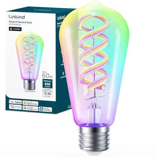 Linkind Matter Smart Bulbs, ST19/ST58 Led Bulb Works with Alexa, Smart E26 Light Bulbs, WiFi Bulbs, RGBTW Color Changing Light Bulb, FCC Listed, 2.4Ghz WiFi Bulb, 850LM, 1 Pack